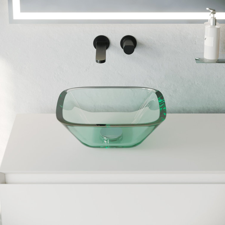 Clear Tempered Glass Square Vessel Sink with Drain