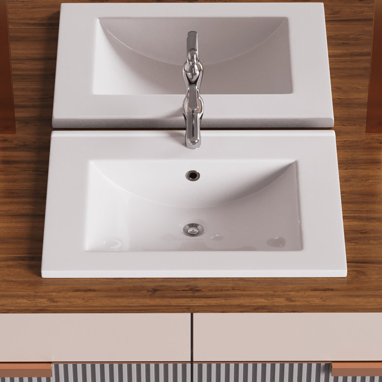 Gloss White Ceramic Rectangular Drop-In Bathroom Sink with Faucet