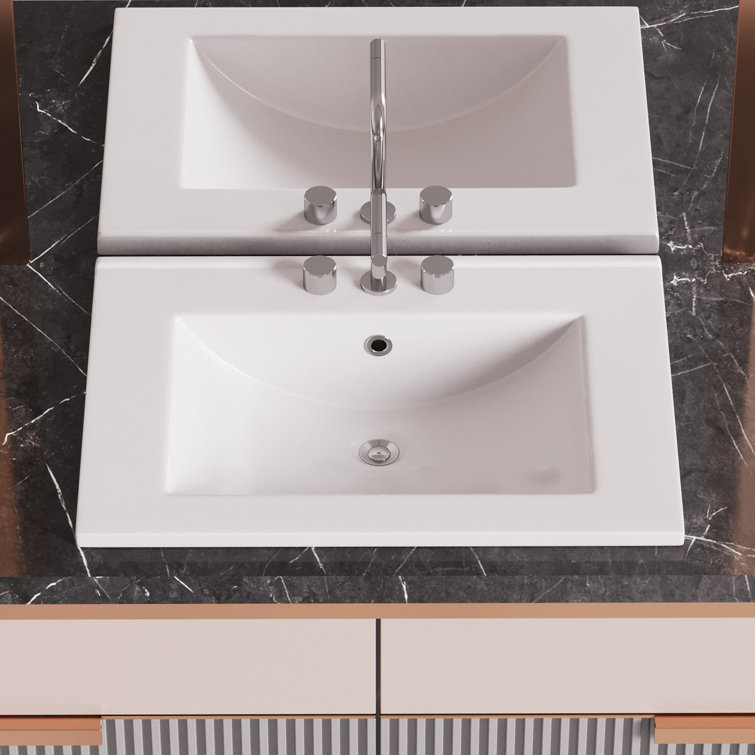White Ceramic Rectangular Drop-In Bathroom Sink with Overflow
