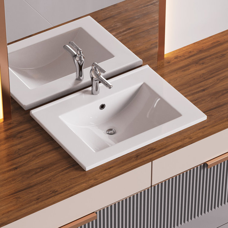 Gloss White Ceramic Rectangular Drop-In Bathroom Sink with Faucet