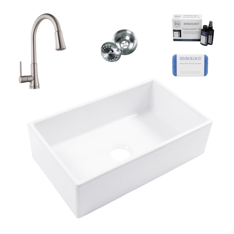 Turner White Fireclay 30" Single Bowl Farmhouse Kitchen Sink with Stainless Steel Faucet