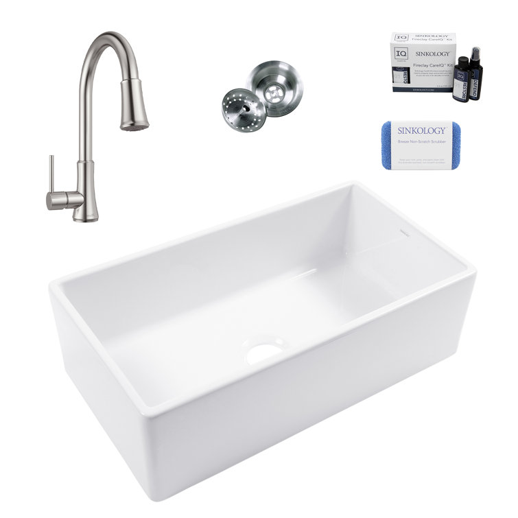 Austen White Fireclay Single Bowl Farmhouse Kitchen Sink with Stainless Steel Faucet