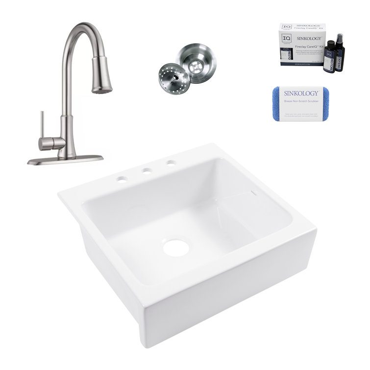 Parker Fireclay 26" White Single Bowl Farmhouse Sink with Stainless Steel Faucet