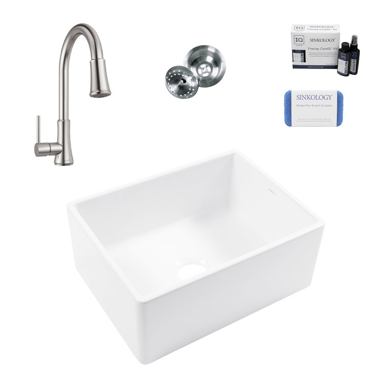 Austen White Fireclay 24" Farmhouse Apron Front Kitchen Sink with Stainless Steel Faucet Kit