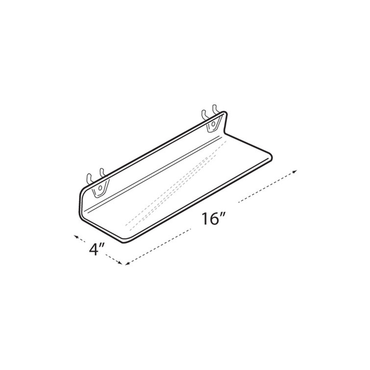 Clear Acrylic Wall-Mounted Shelf for Pegboard & Slatwall, 16" x 4" x 2", 4-Pack