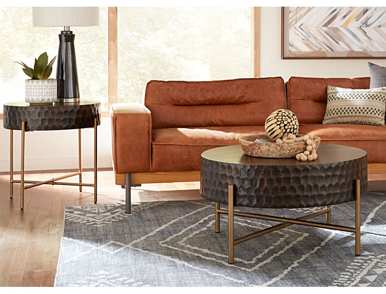 Round Brown Mango Wood and Gold Metal Coffee Table