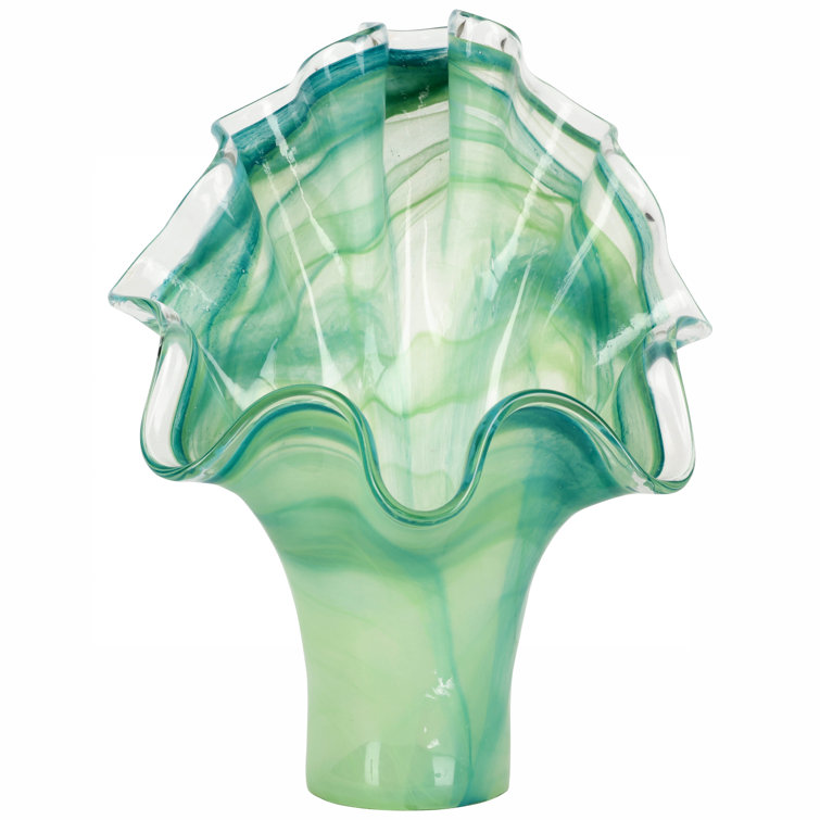 Green Mouthblown Glass Vase with Organic Waves Design