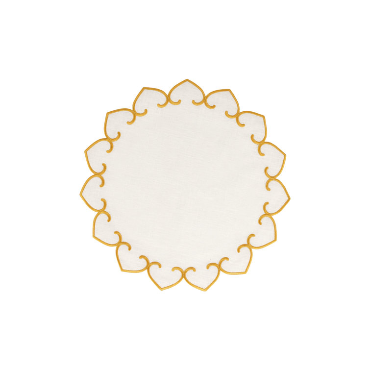 White Linen Round Placemats with Gold Stitching - Set of 4