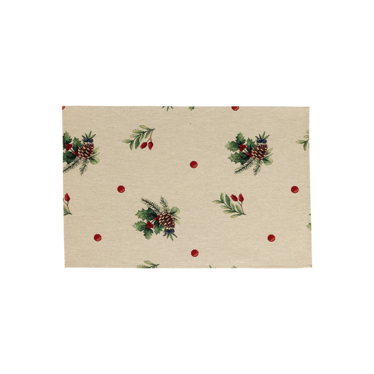 Festive Beige Fabric Holiday Placemats with Holly Berries and Pinecones - Set of 4