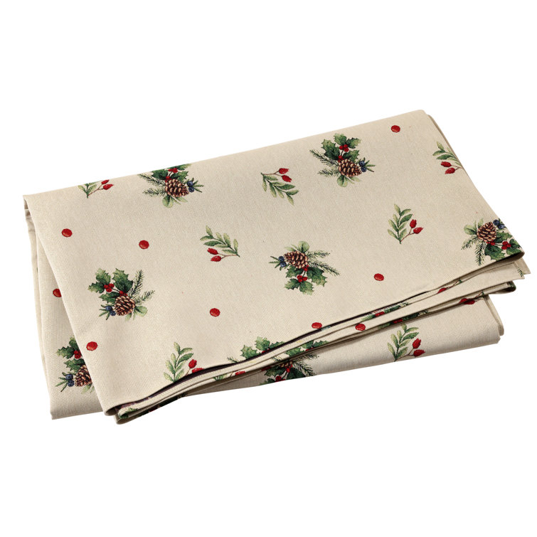 Holiday Beige and Green Cotton Blend Tablecloth
