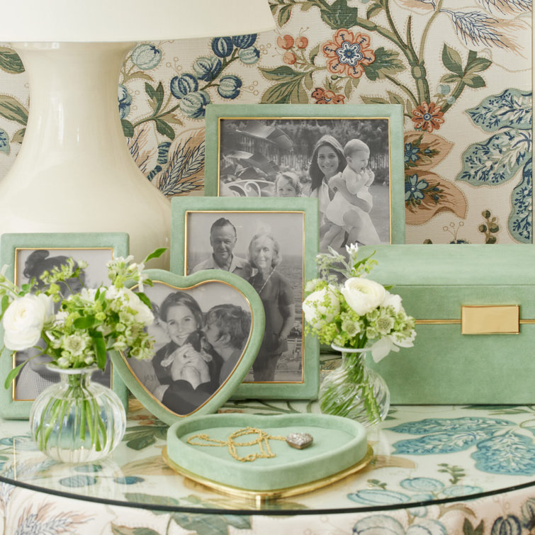 Sage Green Suede Heart Tray with Brass Edging