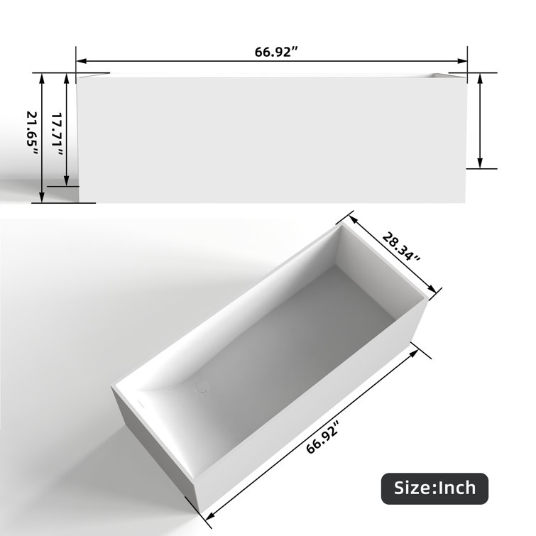 67'' White Solid Surface Freestanding Soaking Bathtub