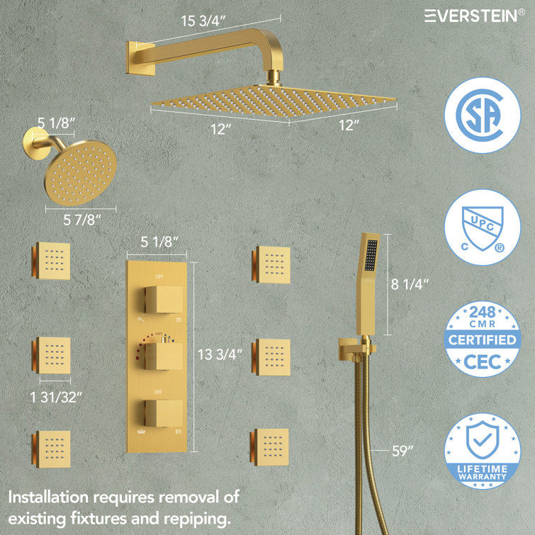 DualJetSpa 12" Gold Dual Shower Head with Body Jets