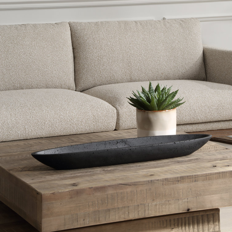 Black Oval Cast Stone Canoe Bowl with Stand