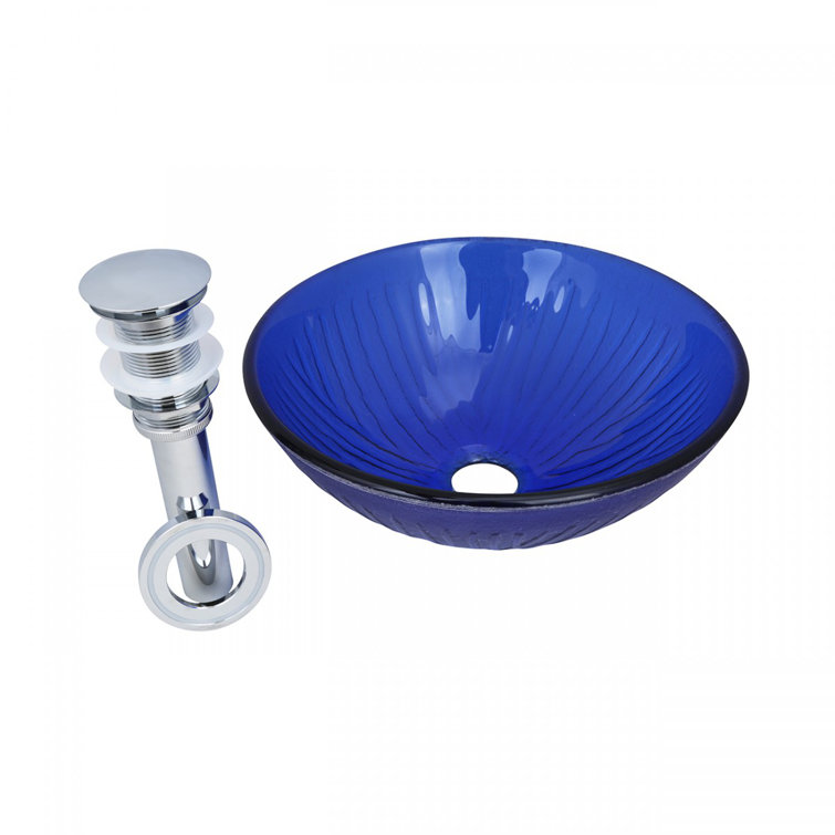 Royal Blue Tempered Glass Round Vessel Sink with Chrome Drain