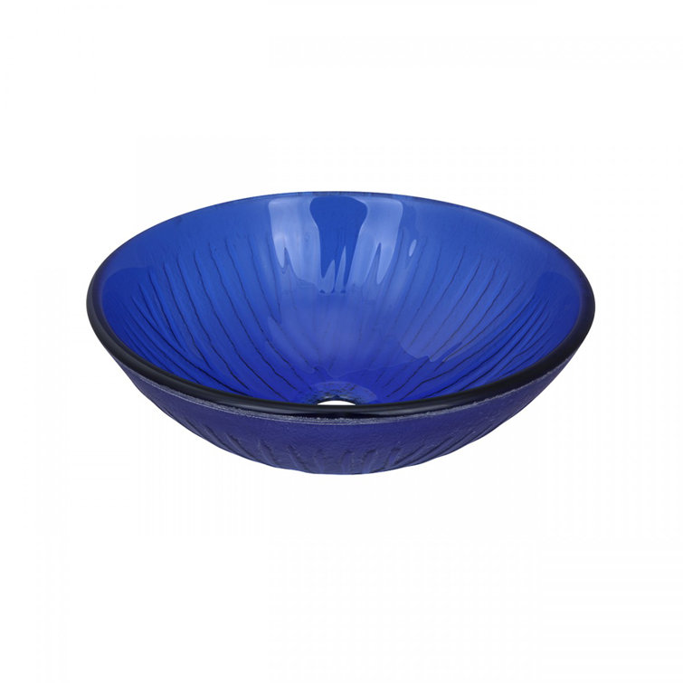Royal Blue Tempered Glass Round Vessel Sink with Chrome Drain