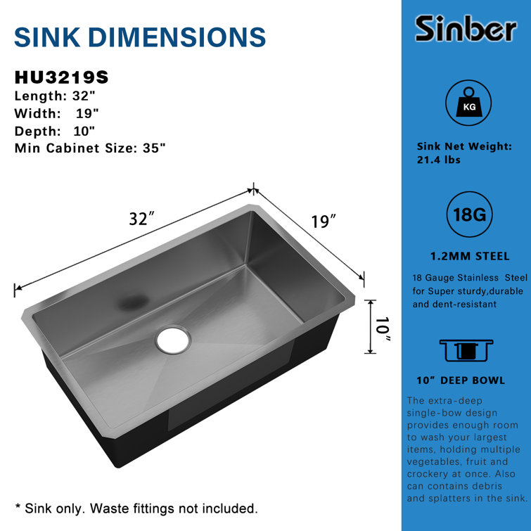 Sinber 32" Stainless Steel Single Bowl Undermount Kitchen Sink