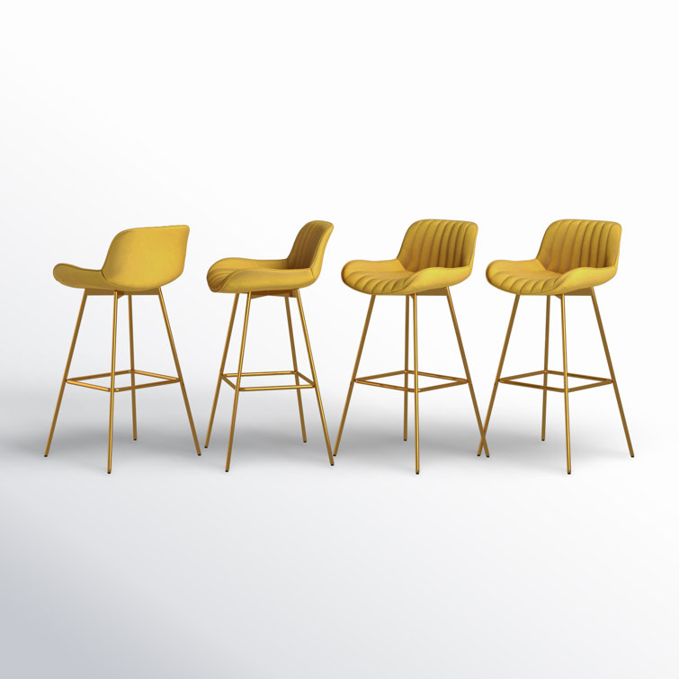 Golden Yellow Velvet Upholstered Swivel Bar Stools, Set of 4