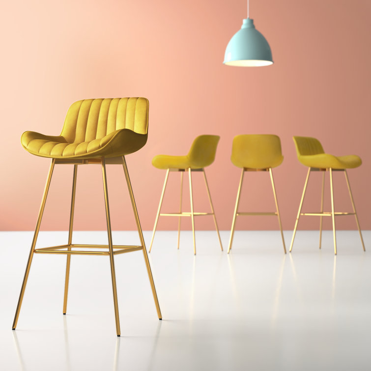 Golden Yellow Velvet Upholstered Swivel Bar Stools, Set of 4
