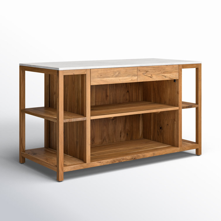 Smoked Acacia and White Marble Kitchen Island with Shelves