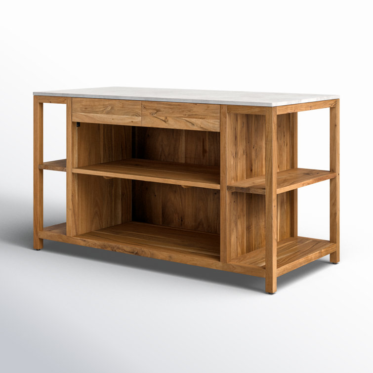 Smoked Acacia and White Marble Kitchen Island with Shelves