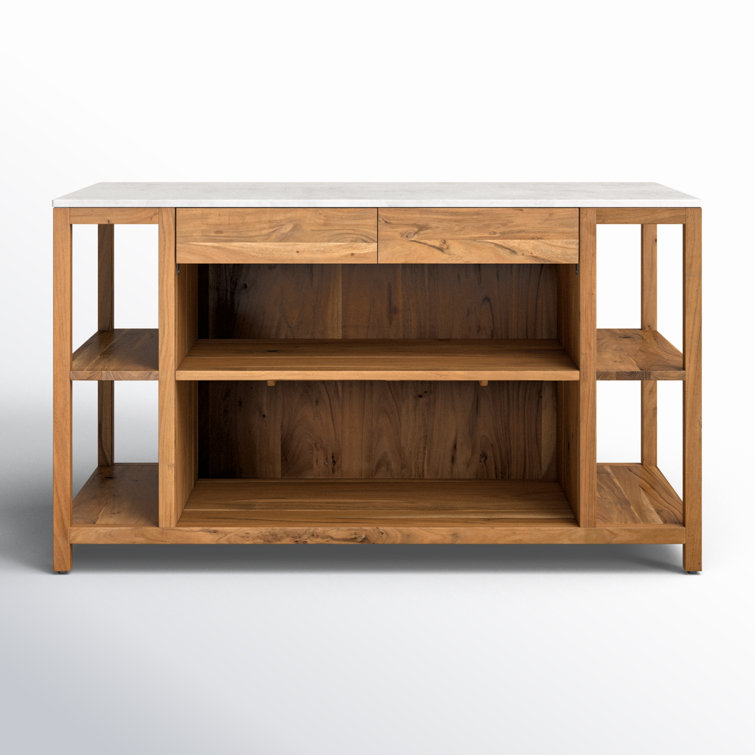 Smoked Acacia and White Marble Kitchen Island with Shelves