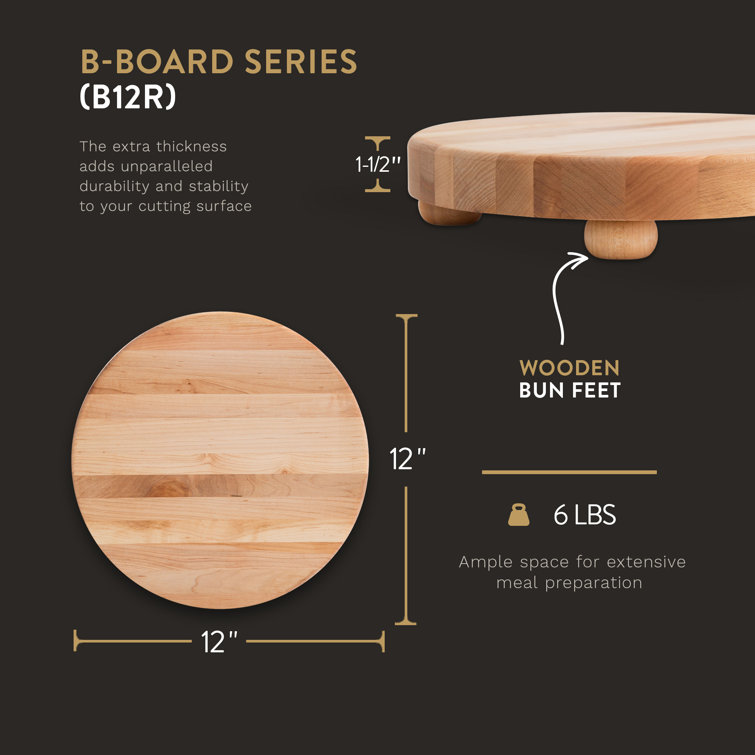 Maple Wood Round Cutting Board with Bun Feet, 12-Inch Diameter