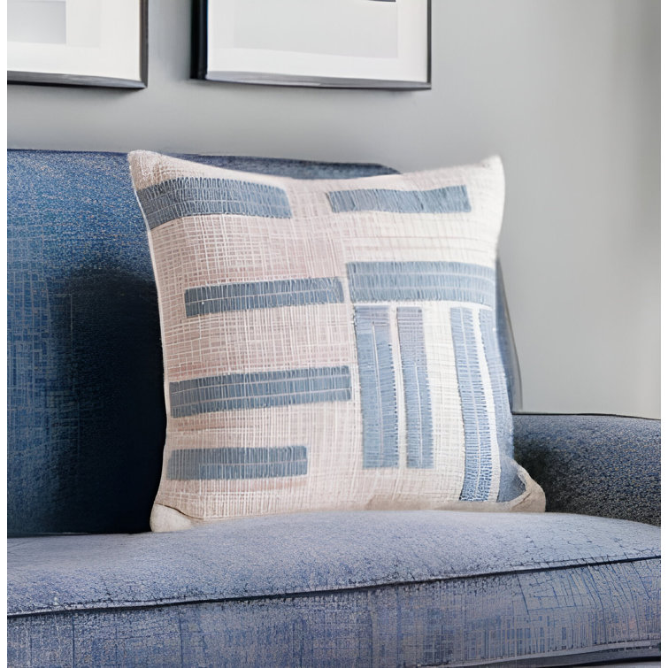 Ocean Blue and Ivory Cotton Embroidered Throw Pillow