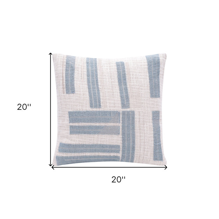 Ocean Blue and Ivory Cotton Embroidered Throw Pillow