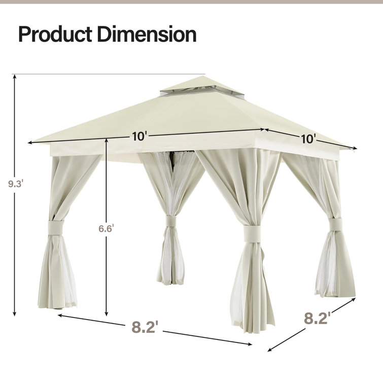 Creamy White Steel Patio Gazebo with Mosquito Netting and Curtains