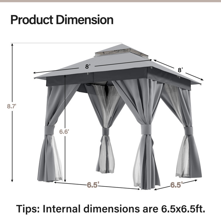 Gray Steel 8x8 Patio Gazebo with Curtains