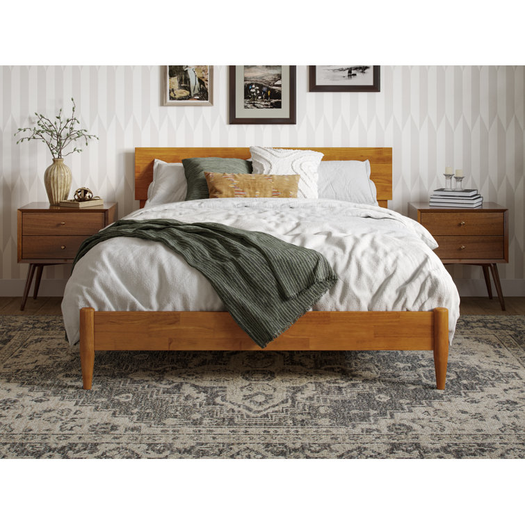 Light Toffee Full Solid Wood Low Profile Platform Bed with Adjustable Headboard