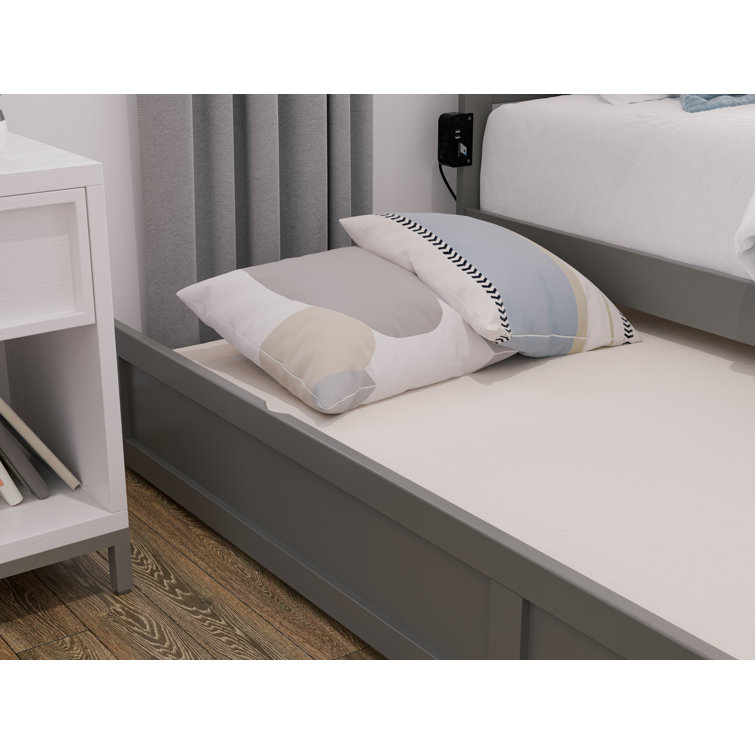 Gray Rubberwood Twin XL Rollaway Trundle Bed Frame with Slats