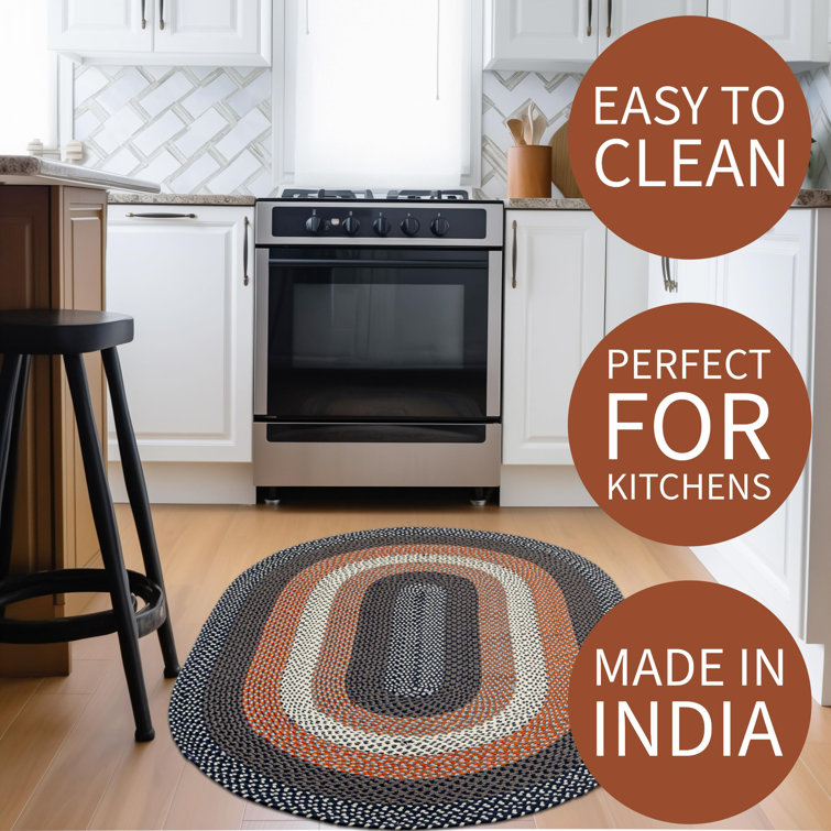 Handmade Braided Reversible Oval Rug in Blue, Easy Care Synthetic 5' x 8'