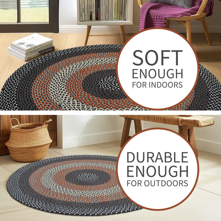 Handmade Braided Reversible Oval Rug in Blue, Easy Care Synthetic 5' x 8'