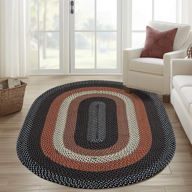 Handmade Braided Reversible Oval Rug in Blue, Easy Care Synthetic 5' x 8'