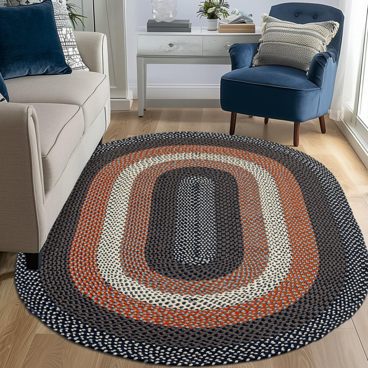 Handmade Braided Reversible Oval Rug in Blue, Easy Care Synthetic 5' x 8'