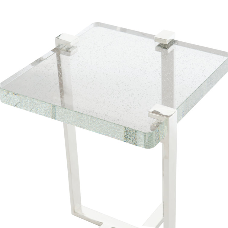 Transitional Silver Rectangular Metal and Glass End Table