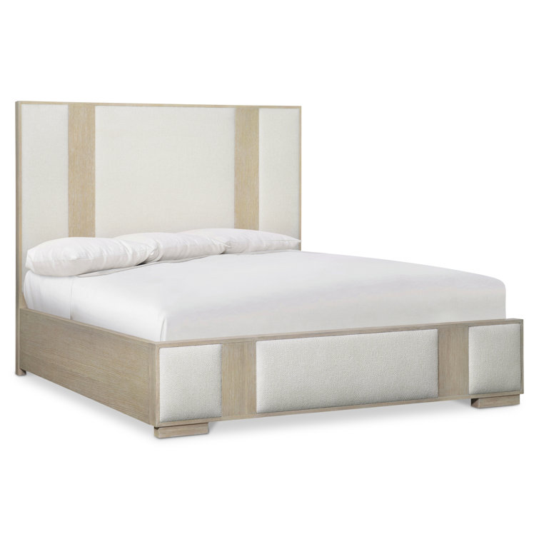 Transitional Dune and Ivory Queen Upholstered Bed with Geometric Headboard