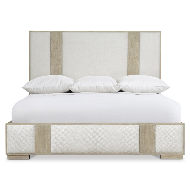 Transitional Dune and Ivory Queen Upholstered Bed with Geometric Headboard