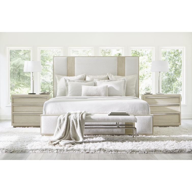 Transitional Dune and Ivory Queen Upholstered Bed with Geometric Headboard