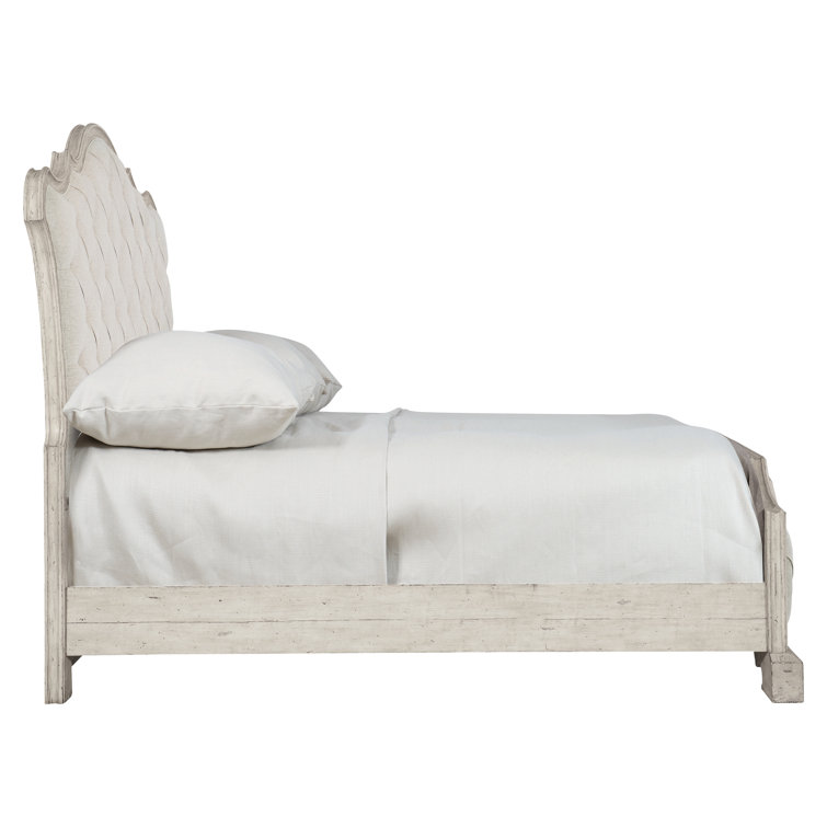 Elegant Cream Pine Queen Upholstered Bed with Tufted Headboard