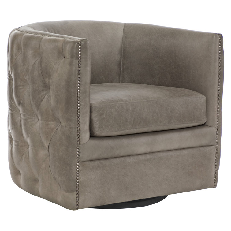 Palazzo Light Grey Genuine Leather Swivel Barrel Accent Chair