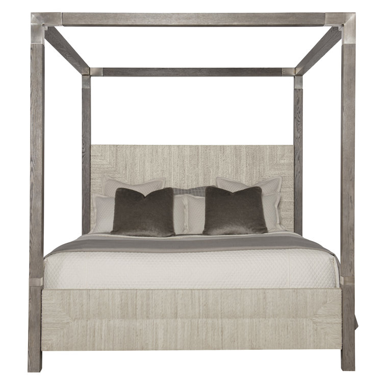 Rustic Gray Oak King Canopy Bed with Woven Headboard