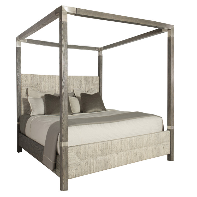 Rustic Gray Oak King Canopy Bed with Woven Headboard