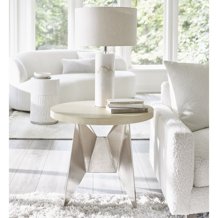 Beige Round Wood and Metal Large End Table