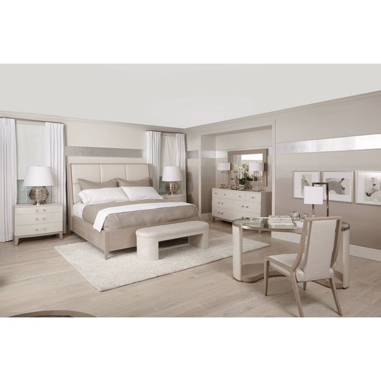 King Linear Gray Upholstered Wood Frame Bed with Slats