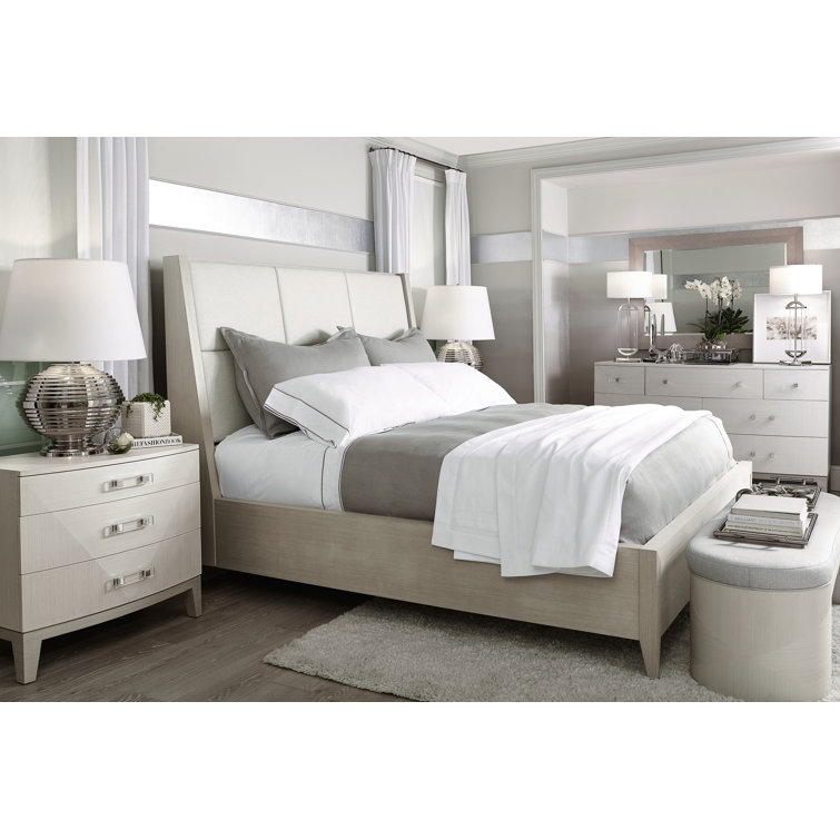 King Linear Gray Upholstered Wood Frame Bed with Slats