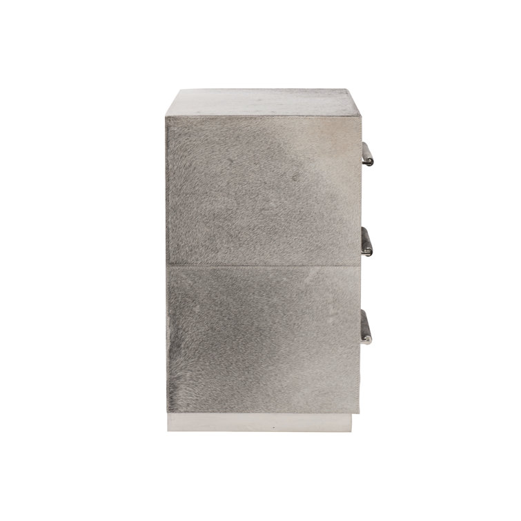 Beige Hair on Hide 3-Drawer Nightstand with Acrylic Pulls