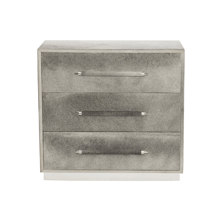Beige Hair on Hide 3-Drawer Nightstand with Acrylic Pulls